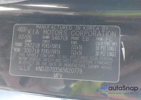 2006 Kia Sorento Ex/Lx z USA, uszkodzony, nr VIN KNDJD733565620779